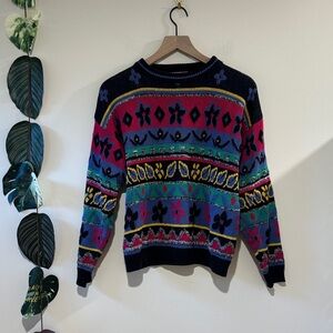 Mexx Knitted‎ Sweater Size Medium- Black Pink Green Floral- Crew Neck Funky